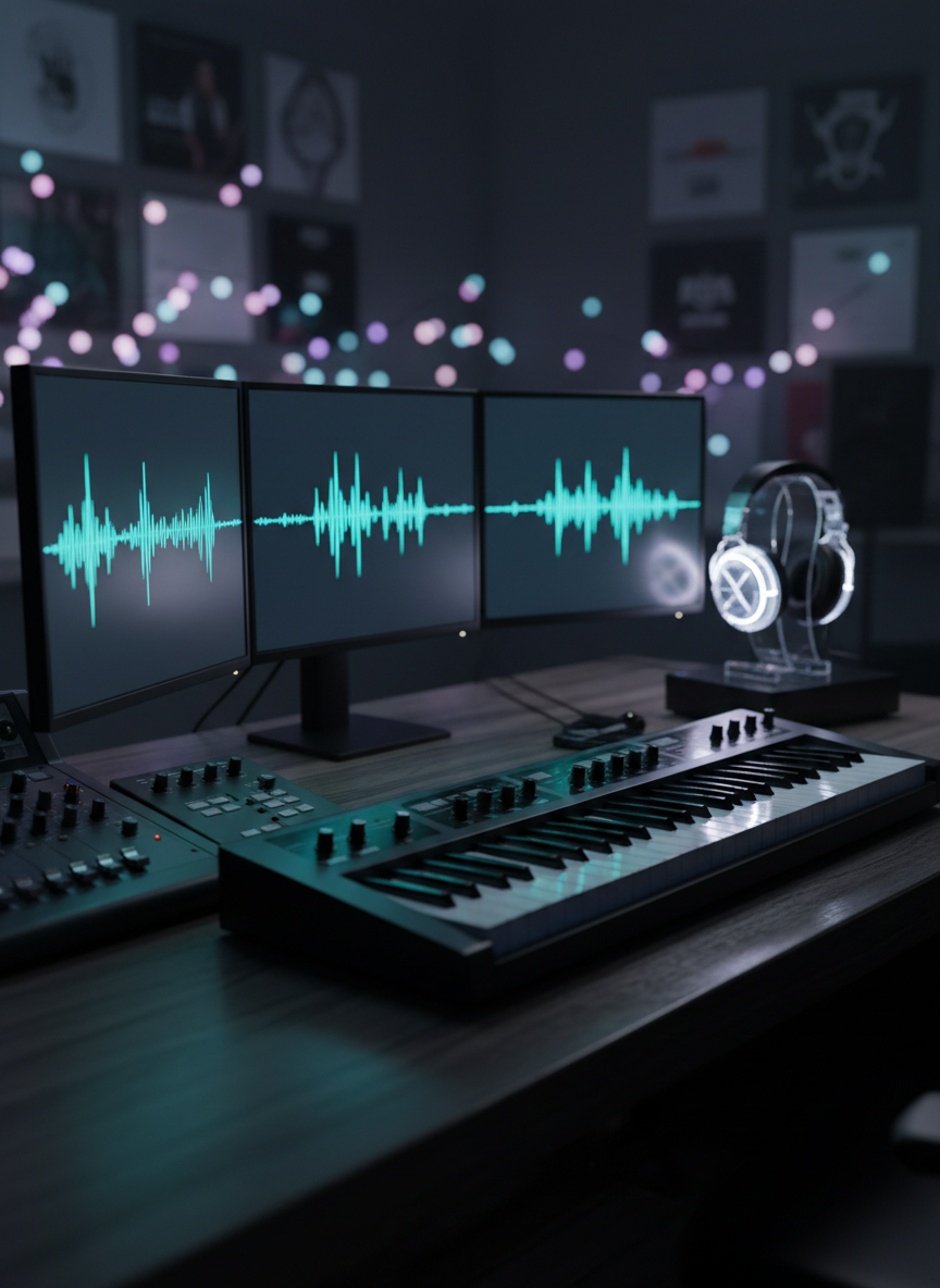 A sleek, high-end digital audio workstation setup in a dimly lit studio, featuring a glossy black MIDI keyboard, glowing waveform displays, and crystalline headphones resting on a stand. The equipment is arranged on a dark wooden desk with subtle grain, surrounded by abstract, soft-focus shapes suggesting album covers and live schedules without readable text. Cool-toned, diffused studio lighting creates gentle reflections on metal knobs and polished surfaces, with a faint, magical bokeh of pastel lights hinting at a “wonderland” atmosphere. Shot at eye level with shallow depth of field, photographic realism, and a sophisticated, modern aesthetic, perfect for the homepage of a Japanese artist’s official site.